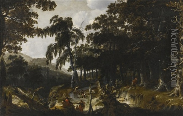 A Wooded Landscape With Travellers And Huntsmen On A Path Oil Painting - Jan Looten