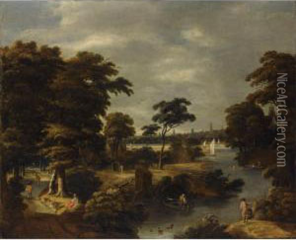 A Wooded River Landscape With 
Several Men Bathing, Travellers On A Path To The Left, A Fisherman In A 
Boat In The Foreground, A View Of A Town Beyond Oil Painting - Jan Looten