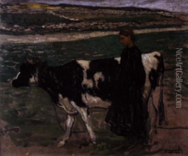 Fille De Pecheur A Quiberon Gardant Une Vache Oil Painting - Michel Simonidy