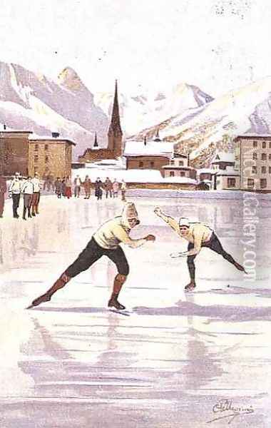 Skaters racing on the ice rink at Davos, Switzerland Oil Painting - Carlo Pellegrini