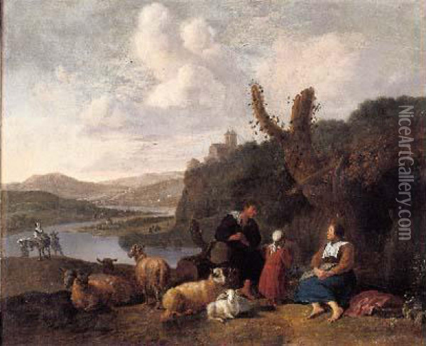 Paysage Avec Une Famille De Paysans Et Son Troupeau Oil Painting - Martinus De La Court