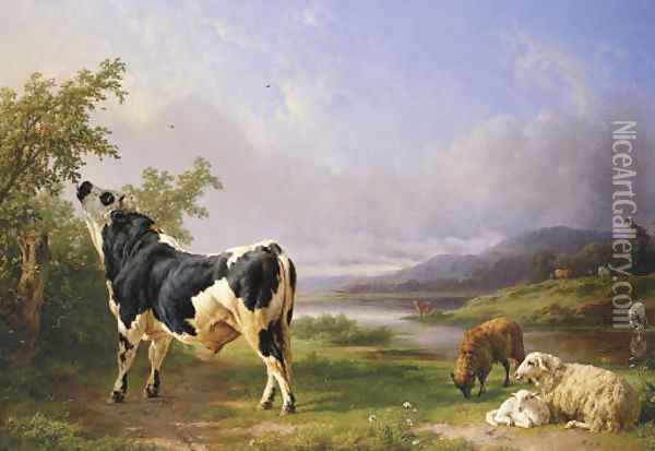 Boeufs et moutons au paturage Oil Painting - Jacques-Raymond Brascassat