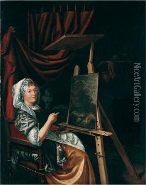 Portrait Of Maria Schalcken In An Artist's Studio Oil Painting - Godfried Schalcken