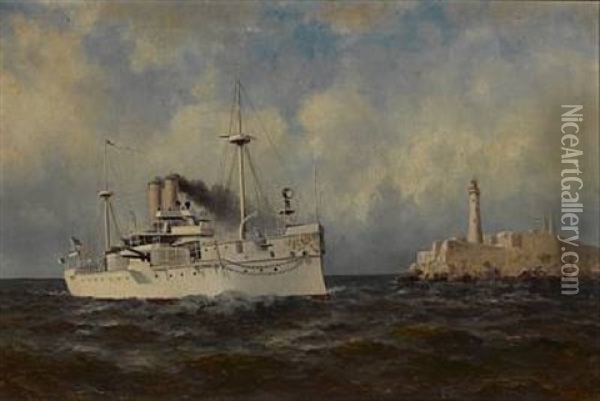 A Frigate Of The Great White Fleet Passing Alcatraz Oil Painting - William Alexander Coulter