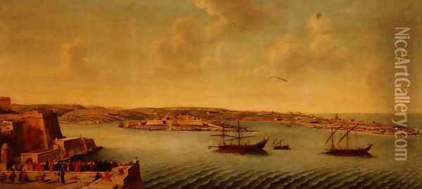 View of Valetta with Ships of the Order of the Knights of St. John Oil Painting - Alberto Pulicino