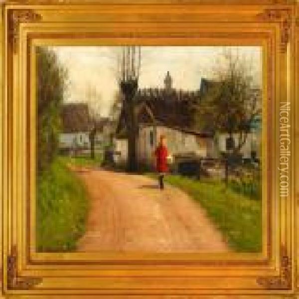 Girl With A Picnic Basket On A Village Road, Early Springtime Oil Painting - Hans Anderson Brendekilde