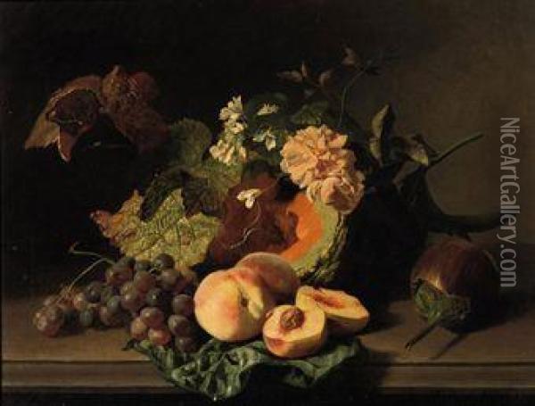 Roses, Peaches, Grapes And Other Fruits And Flowers On Aledge Oil Painting - Noter David De