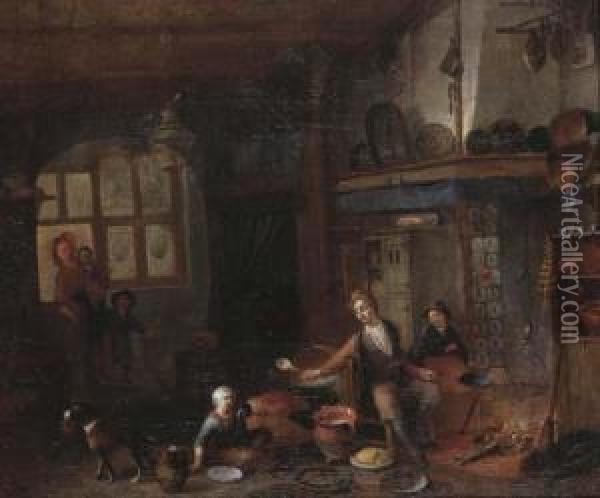 A Domestic Interior With A Family Seated By The Hearth Oil Painting - Richard Brakenburgh