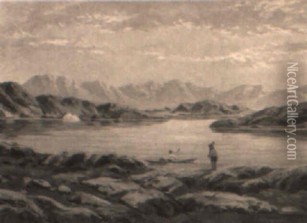 Gr+nlandsk Fjordparti Med Kajakroer Og Person Oil Painting - Emanuel A. Petersen