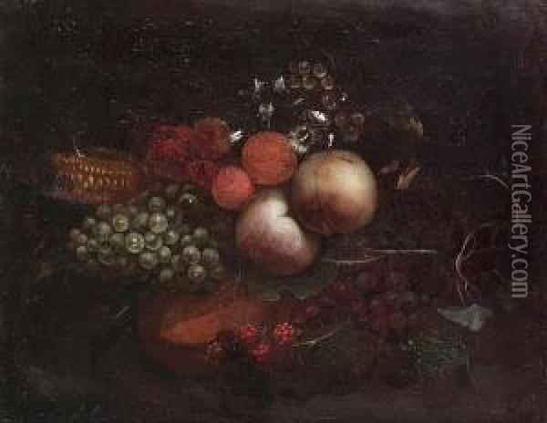 Peaches, Grapes, Blackberries And Other Fruit Gathered Together In A Swag Oil Painting - Cornelis De Heem