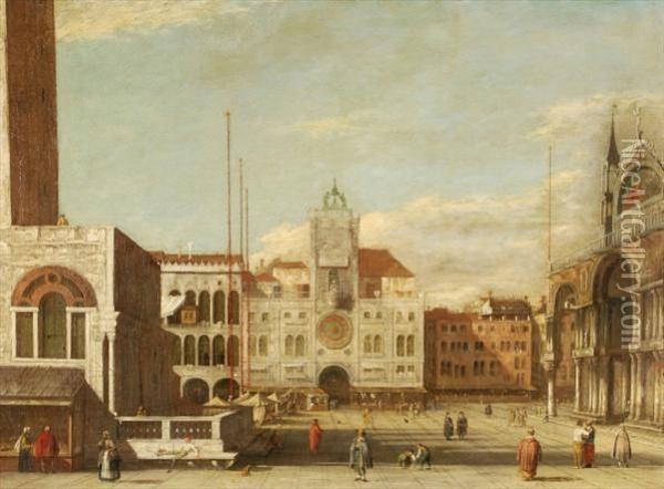 Saint Mark's Square, Venice, Looking Towards The Torredell'orologio Oil Painting - Luca Carlevarijs
