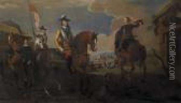 Portrait Du Comte Von Anholt Et De Deux Autres Commandants Devant La Ville De Widenbruck Oil Painting - August Querfurt