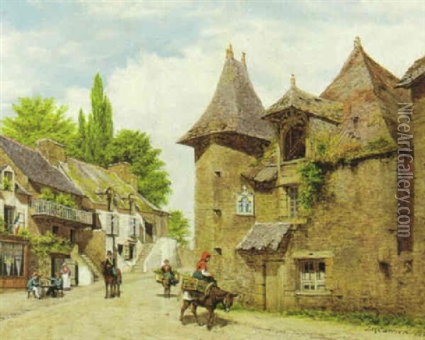 A View Of The Old House At Dol, Brittany With Figures On The Road In The Foreground Oil Painting - John Mulcaster Carrick