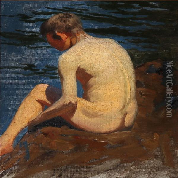 Back Turned Nude Boy On A Beach Oil Painting - Heinrich Hellhoff