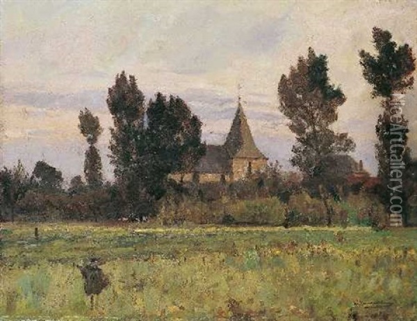 Weidelandschaft Mit Dorfkirche Oil Painting - Wilhelm Hambuechen