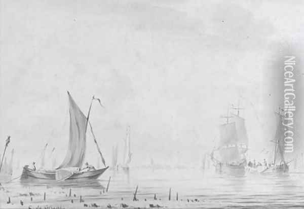 Barges in a Dutch estuary Oil Painting - Cornelis De Grient