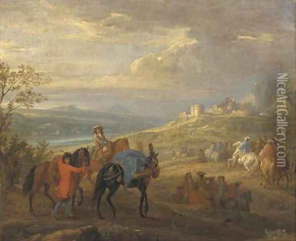 An extensive river landscape with a cavalry troop on a path, a ruined castle beyond Oil Painting - Adam Frans van der Meulen