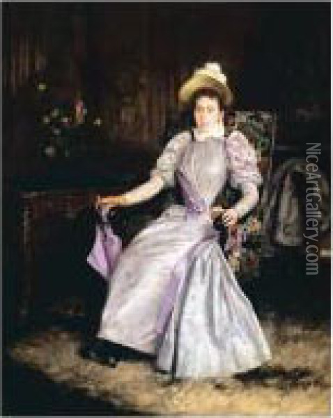 Woman In A Mauve Dress Oil Painting - Basile Lemeunier