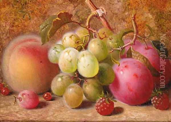 Grapes, plums, raspberries, and a peach, on a mossy bank Oil Painting - Charles Archer
