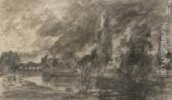 A View Of Salisbury Cathedral And Harnham Bridge (recto); A Letter (verso) Oil Painting - John Constable