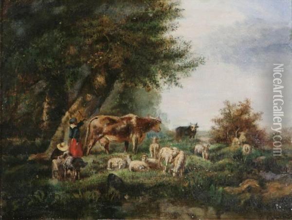 Koppel Herders Met Kudde Oil Painting - Henri Jos. Gommarus Carpentero