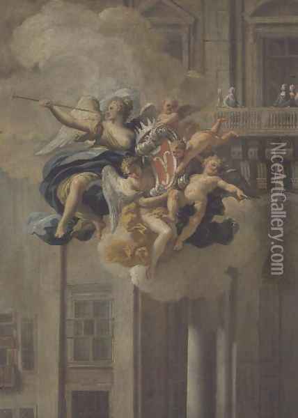 Fame bearing the coat of arms of the House of Harrach Oil Painting - Nicolo Maria Russo or Rossi