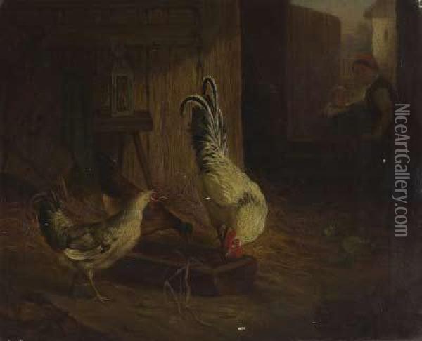 Bauerin Mit Kind Beobachtet Einen Hahn Und Zwei Hennen Im Stall Oil Painting - Edmund Dittmann