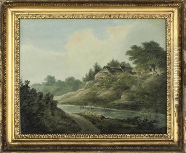 A Hilltop Castle Ruin
; And 
A River Landscape With A Cottage Oil Painting - John Warwick Smith