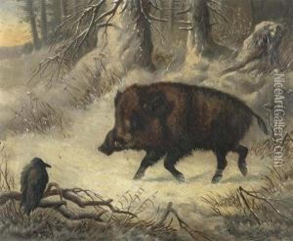 Keiler Mit Rabe. 1862. Oil Painting - Carl Oswald Rostosky
