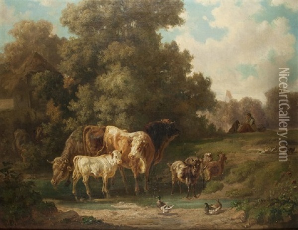 Mit Dem Vieh Am Bach Oil Painting - Louis (Ludwig) Reinhardt