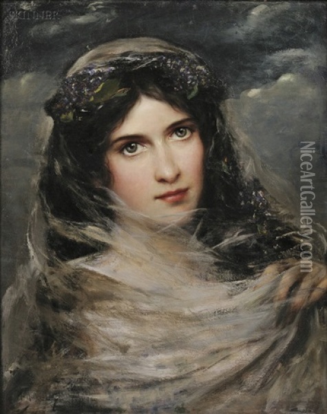 Portrait Of A Dark-haired Beauty In A White Veil Oil Painting - Adolfo Felice Mueller-Ury