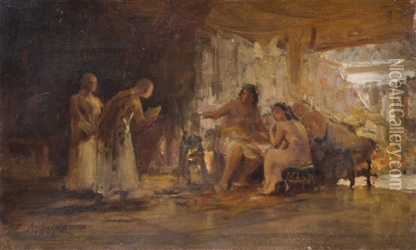 Study Of A Group In An Interior Oil Painting - Frederick Arthur Bridgman
