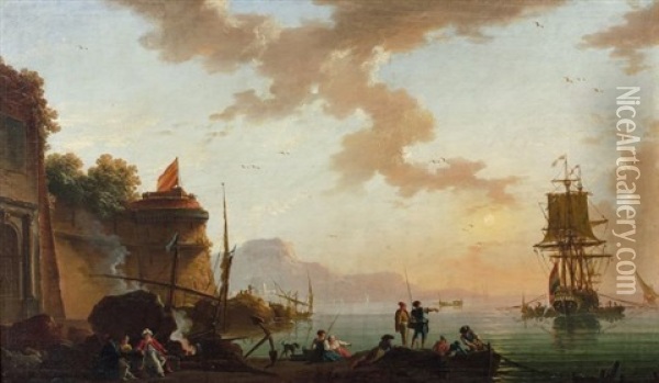 Port Mediterraneen Au Soleil Couchant Oil Painting - Charles Francois Lacroix