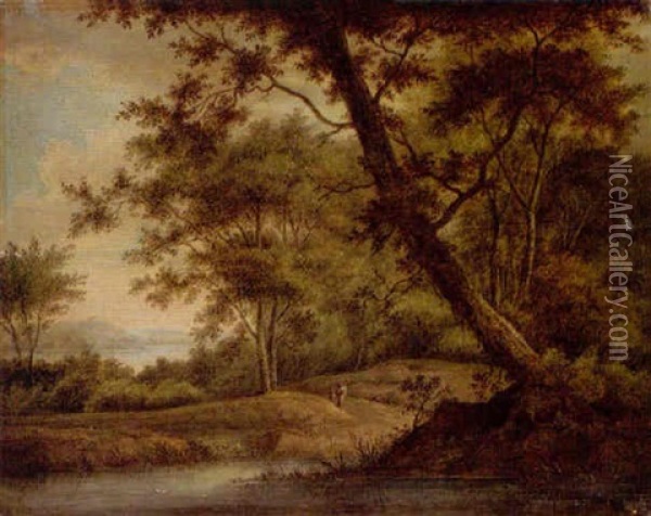 A Wooded River Landscape With Figures On A Path Oil Painting - Carl Sebastian von Bemmel