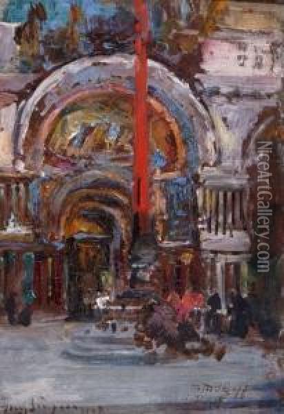 Aview Of The Central Door Of St. Marks Basilica Oil Painting - Henry Simpson