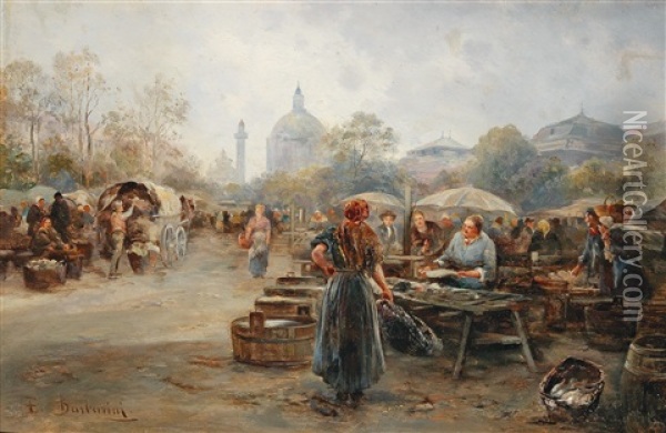 Market Day Near The Church Of St. Charles Oil Painting - Emil Barbarini
