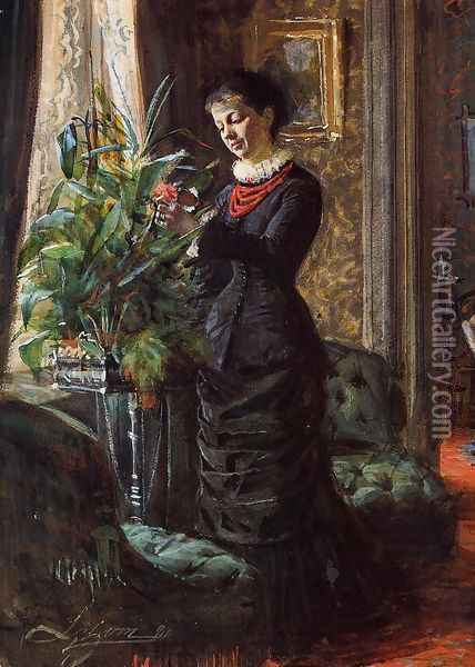 Portrait of Fru Lisen Samson, nee Hirsch, Arranging Flowers at a Window Oil Painting - Anders Zorn