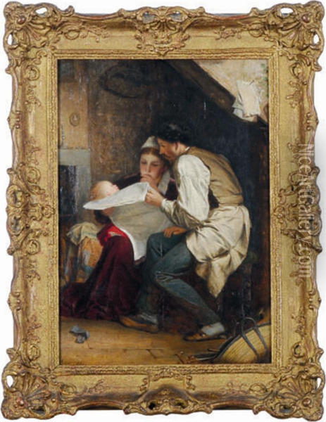 A Young Family Reading The Paper Oil Painting - Andrew Carrick Gow