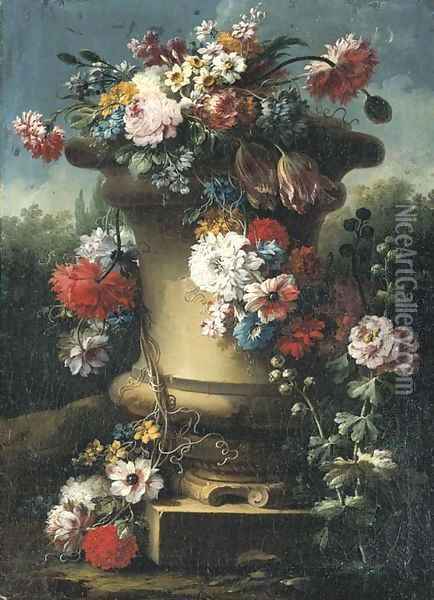 Narcissi, tulips, chrysanthemums, roses and other flowers in a stone urn with hollyhocks, a wooded landscape beyond Oil Painting - Gasparo Lopez