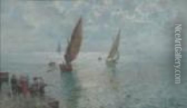 Marina Al Tramonto Con
Barche E Pescatori Oil Painting - Attilio Pratella