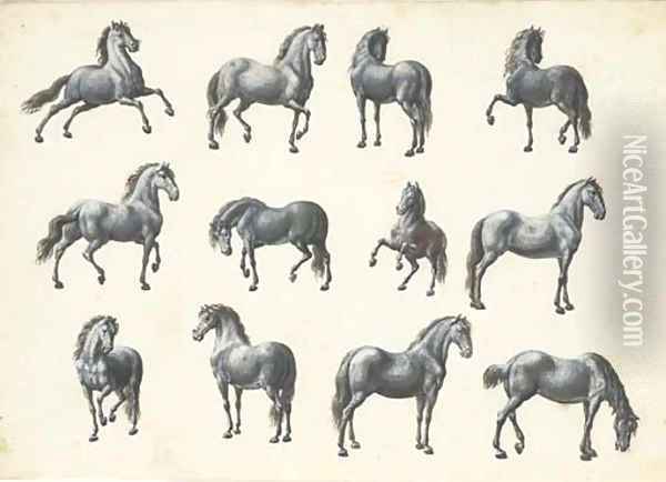 Twelve studies of horses Oil Painting - French School