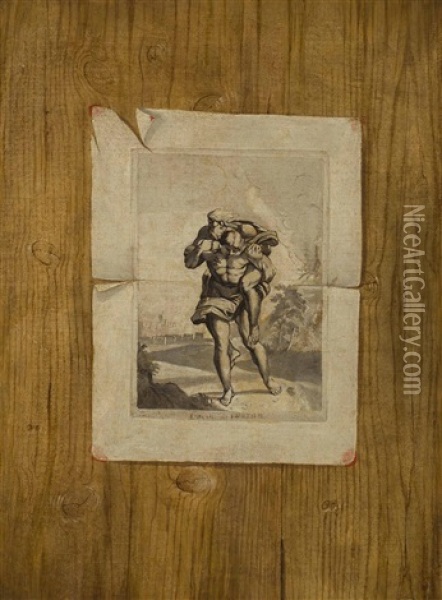 A Trompe L'oeil Painting Of A Print After Raphael Attached To A Panel Oil Painting - Edward Collier