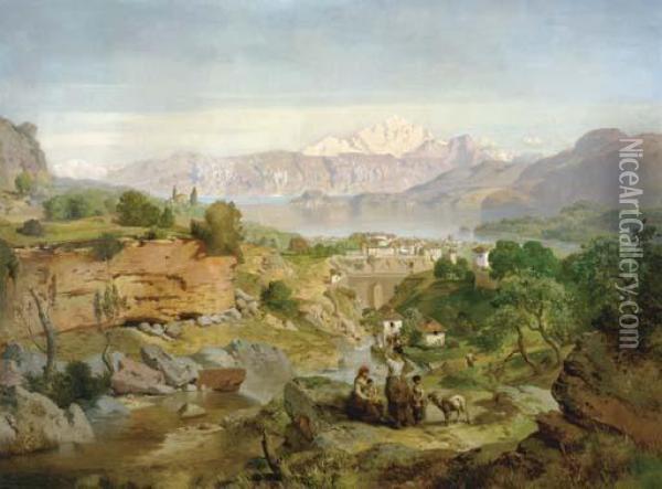 Figures In An Extensive Valley Landscape Oil Painting - August Albert Zimmermann