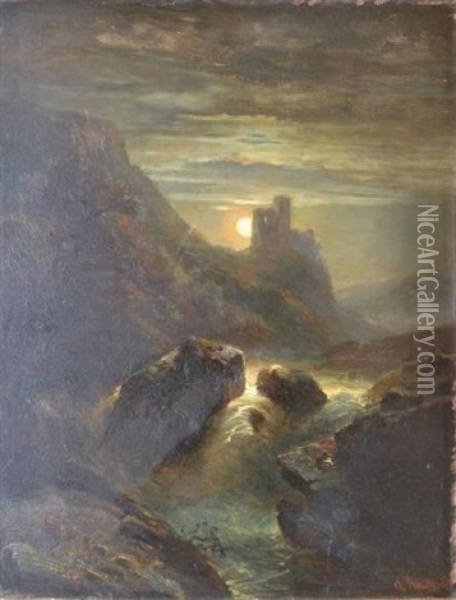 Torrent Et Chateau Au Clair De Lune Oil Painting - Amedee Baudit