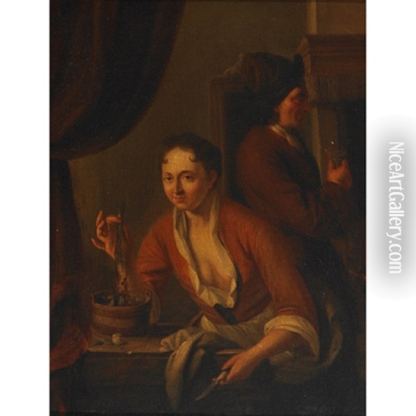Lady Holding A Herring While A Visitor Savors The Toast Oil Painting - Dominicus van Tol
