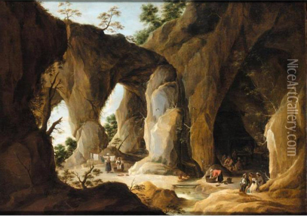 A Cavernous Landscape With A Gypsy Encampment Beyond Oil Painting - David The Younger Teniers