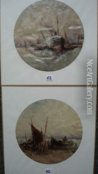 Bateau Au Port (+ Pecheur Et Sa Barque Sur La Greve; 2 Works) Oil Painting - Victor Coste