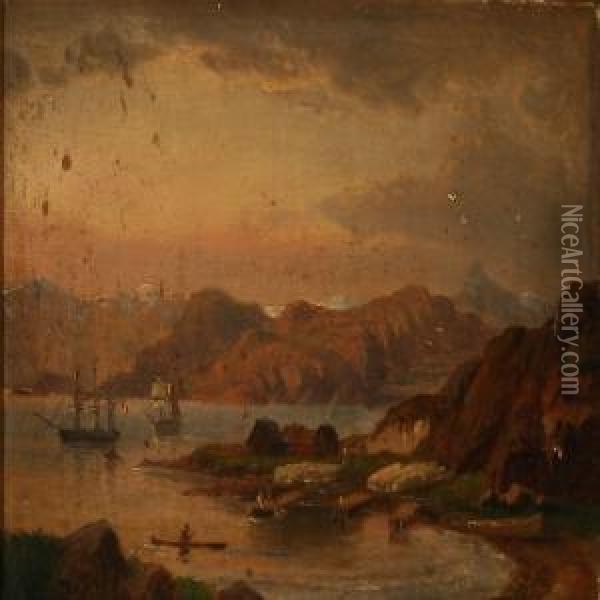 Liner Off The Coast Near A Trading Station Or Settlement Oil Painting - Anton Melbye