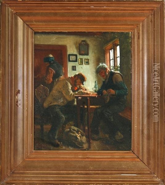 An Inn Interior With Two Drinking Men Oil Painting - Viggo Johansen
