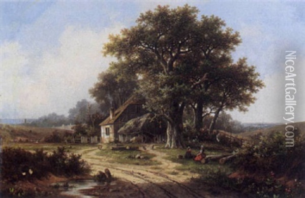 Travellers In A Landscape Oil Painting - Hendrik Pieter Koekkoek